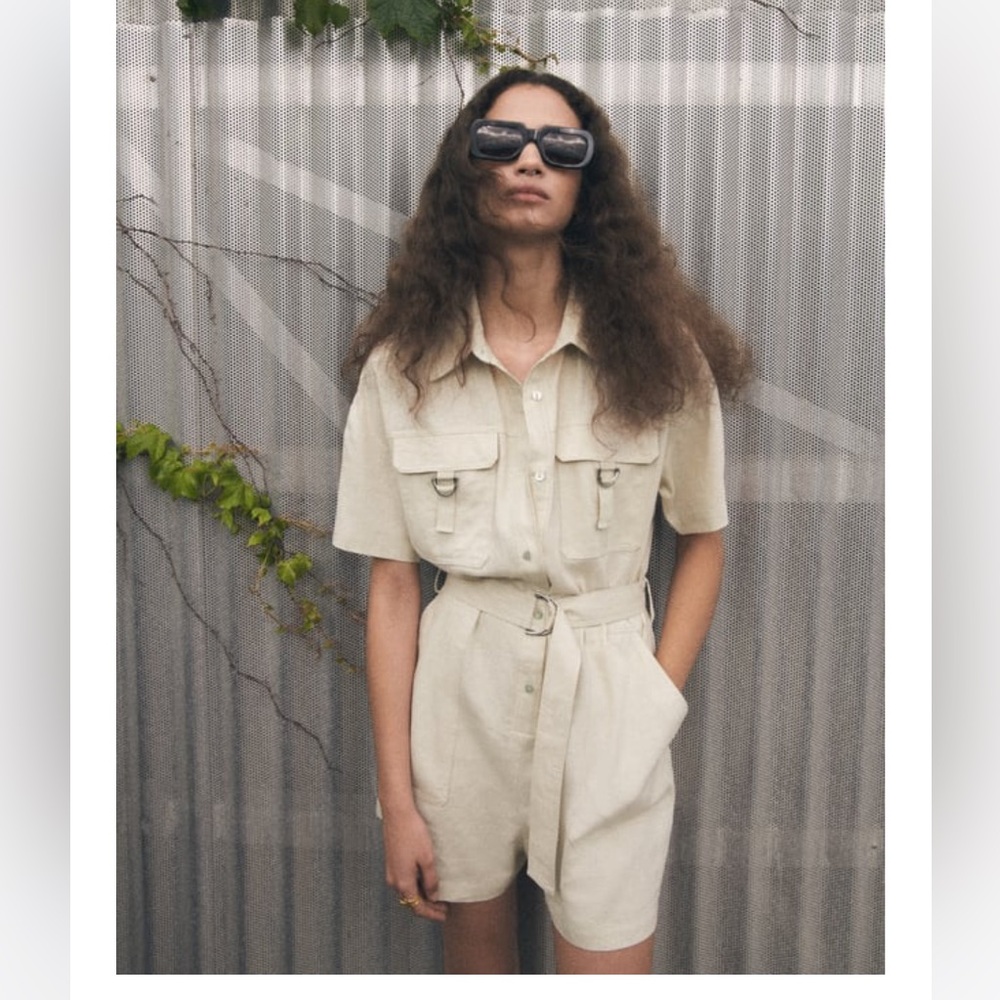 Zara BELTED LINEN BLEND SHORT JUMPSUIT